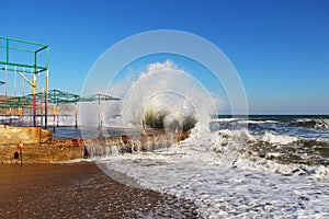 Waves breaks on the shore in Crimea in autumn