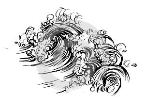 Waves brush ink sketch handdrawn serigraphy print