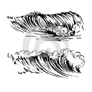 Waves brush ink sketch handdrawn serigraphy print