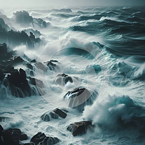 Waves crash against rocky shoreline in brewing storm