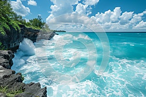 Waves crash against the rocky shoreline. Turquoise sea water crashes on the tropical rocky shore