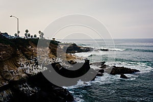 Waves crash on cliffs along the Pacific Ocean in La Jolla, Calif