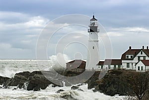 Waves Crash Next to Oldest Lighthouse in Maine