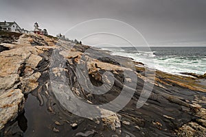 Waves Crash on Shoreline at Pemaquid Point Lighthouse