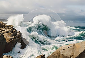 waves crashing against rocks under a bright blue sky photo