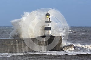 Waves crashing over Seaham Lighthouse
