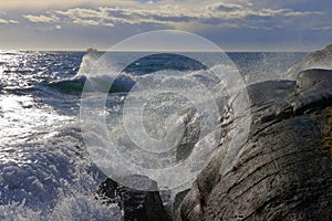 Waves Crashing on Rocks along Juan de Fuca Strait, Southern Vancouver Island, British Columbia, Canada