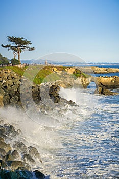 Waves crashing on the rocky shoreline of the Pacific Coast; Santa Cruz, California