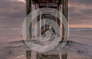 Waves crushing under Scripps Pier during sunset at La Jolla, San Diego, California