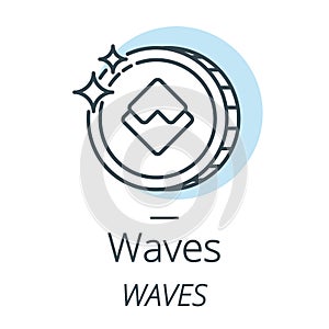 Waves cryptocurrency coin line, icon of virtual currency