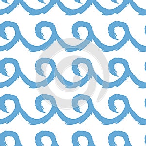 Waves with curls. Seamless pattern painted with brush. Grunge, sketch, watercolour.