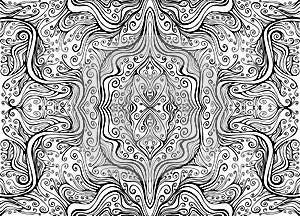 Waves curly decorative abstract psychedelic background. Black and white surreal doodle fractal.