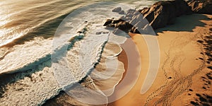 waves on empty sandy beach, summer relax and vacation concept, aerial view,