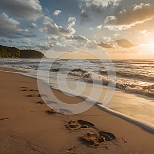 Waves erasing footprints in beach sand, natures cycle photo