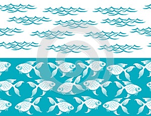 Waves and fish ocean seamless borders