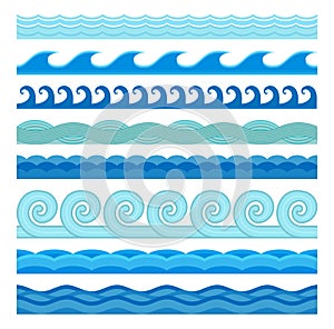 Waves flat style vector seamless icons collection