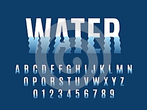 Waves font. Ripple water reflexes english alphabet, wavelike letters and numbers distortion, liquid deformation simple