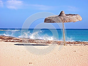 Waves froth on desert beach