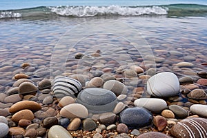 waves gently lapping over smooth, round beach stones
