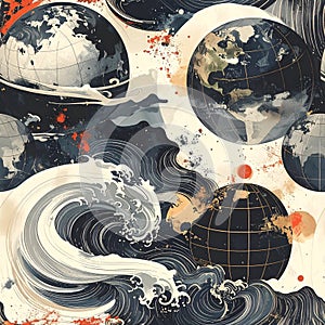 Waves and Globes - A Seamless Pattern