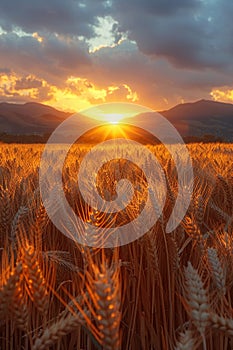 Waves of grain in a field at sunset