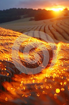 Waves of grain in a field at sunset