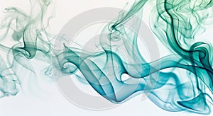 Waves of green and blue smoke create an ethereal and fluid form on a white background, suggesting graceful movement