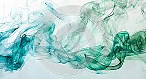 Waves of green and blue smoke create an ethereal and fluid form on a white background, suggesting graceful movement