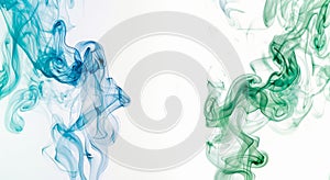 Waves of green and blue smoke create an ethereal and fluid form on a white background, suggesting graceful movement