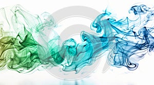 Waves of green and blue smoke create an ethereal and fluid form on a white background, suggesting graceful movement