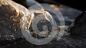 Waves hitting the ice on the shore of the lake. Water and icicles sparkle in the sun at sunset. Early winter.