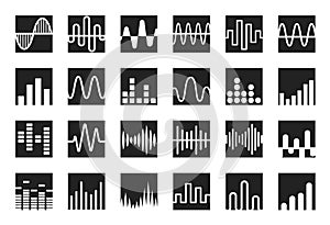 Waves icon set. Sound wave, music and radio wave curves logo template. Isolated vector emblems.