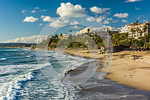 Waves in the Pacific Ocean and view of the beach in San Clemente, California.