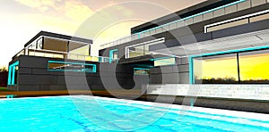 Waves on the pool water surface near the porch of the contemporary property at night. 3d rendering