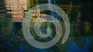 Waves and reflection on water surface at lake or pond in slow motion closeup