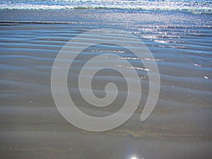 Waves and ripples rolling inshore along a sandy beach