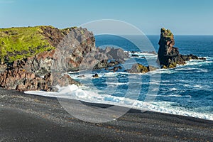 Waves and rocks in Djupalonssandur beach, Snaefellsnes peninsula Iceland