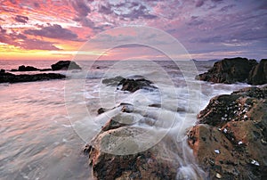 Waves, rocks and sunset