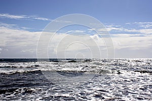 Waves rolling in the vibrant blue waters of the Pacific Ocean that stretches to the horizon