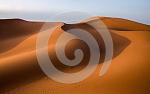 Waves of sand dunes in the Sahara desert at sunset