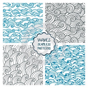 Waves seamless pattern. Set of vector illustrations with sea waves.