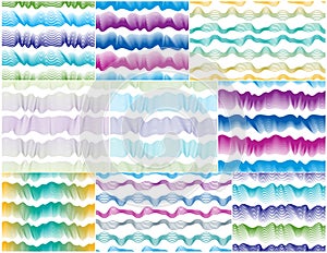 Waves seamless patterns set, vector water runny curve lines abstract repeat endless backgrounds collection, artistic colorful col