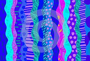 Waves textile stripes hand drawn cartoon style background in vibrant colors