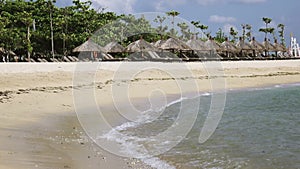 Waves of the warm sea run on the sandy beach of the tropical resort with umbrellas and chaise lounges