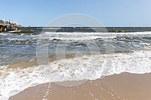 The waves in the seaside resort of Zinnowitz on the island of Usedom surround the great pier