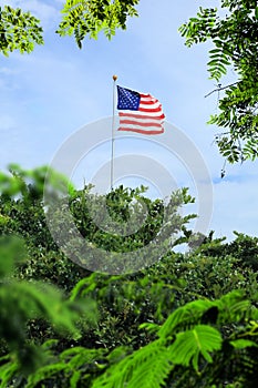 Waving American flag hanged at tall pole in