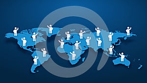 Waving characters on world map, protesting people around the world, blue motion background