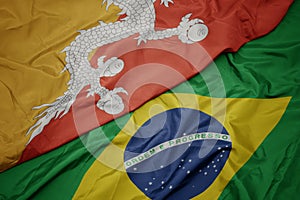 waving colorful flag of brazil and national flag of bhutan