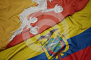 waving colorful flag of ecuador and national flag of bhutan