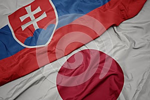 Mávání barevnou vlajkou Japonska a státní vlajkou slovenska